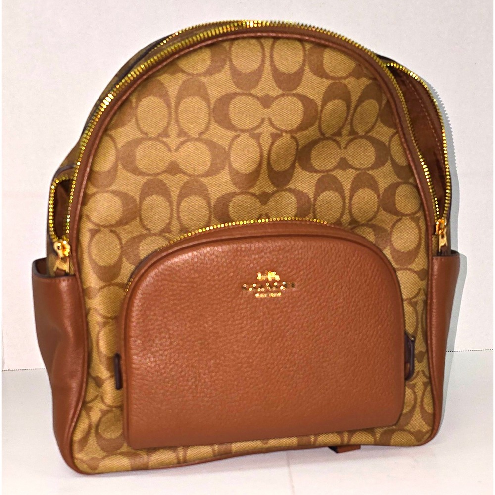 Coach Signature Backpack Brown Tan Gold Hardware Zip Closure Front Zip Pocket